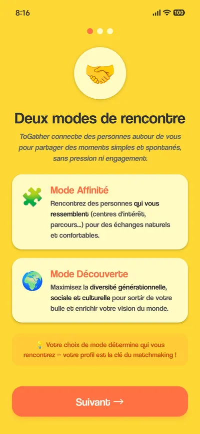 “Two ways to meet” screen: one mode to meet people like you, and Discovery mode, which maximises generational, social and cultural diversity.