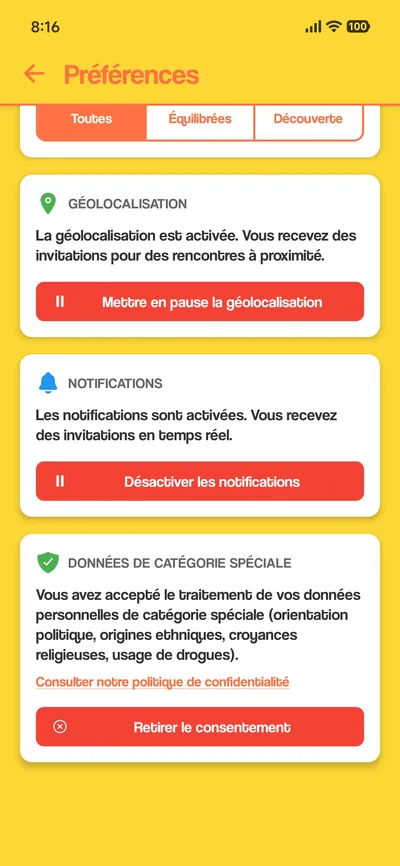 Écran « Préférences » : mettre en pause la géolocalisation, désactiver les notifications, retirer le consentement au traitement des données de catégorie spéciale.
