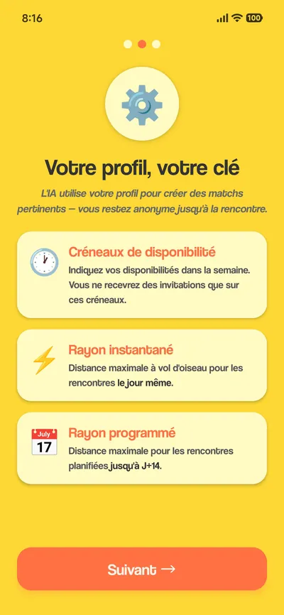 Écran « Votre profil, votre clé » : créneaux de disponibilité, rayon instantané pour les rencontres du jour même et rayon programmé jusqu'à J+14. Vous restez anonyme jusqu'à la rencontre.
