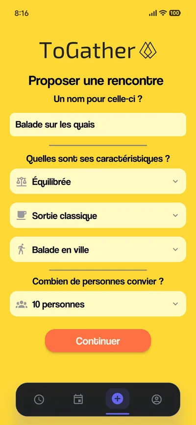 Écran « Proposer une rencontre » : « Balade sur les quais », mode Équilibrée, sortie classique, balade en ville, 10 personnes conviées.