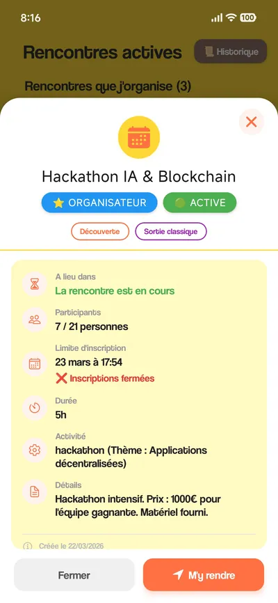 A Discovery-mode meetup in ToGather: “AI & Blockchain hackathon”, 7 of 21 participants, in progress.