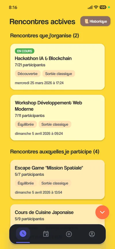 Écran « Rencontres actives » : hackathon (7 sur 21 participants, mode Découverte), atelier de développement web, escape game, cours de cuisine japonaise.
